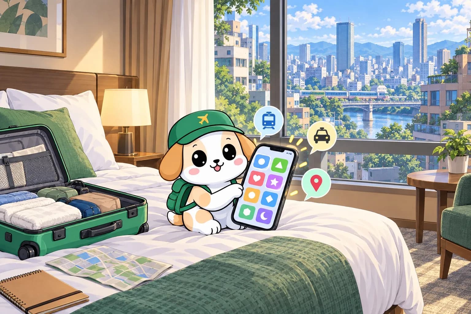 A phone full of travel apps on a hotel bed, packed bag beside it